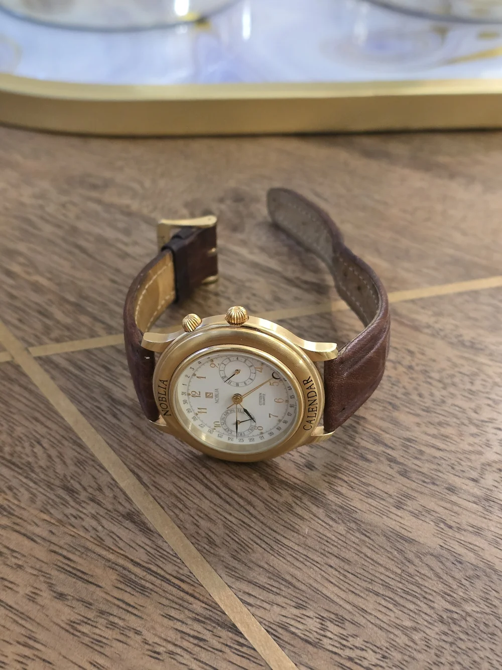 Citizen Gold-Tone Calendar Watch with Brown Leather Strap
